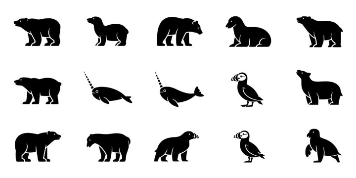 Animal paw and silhouette icons set with black bear, wolf, fish, bird and rat figures on transparent background