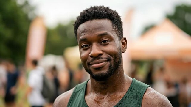 A determined Black male runner, with a slight smile and sweat on his brow, stands on a blurred background of tents and foliage.