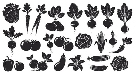 Fototapeta premium Variety of fresh vegetables in black silhouette on white background including carrots beets cabbage and more for healthy eating and cooking concepts
