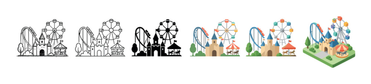 Amusement park castle roller coaster Ferris wheel carousel icons in various styles vector illustration set