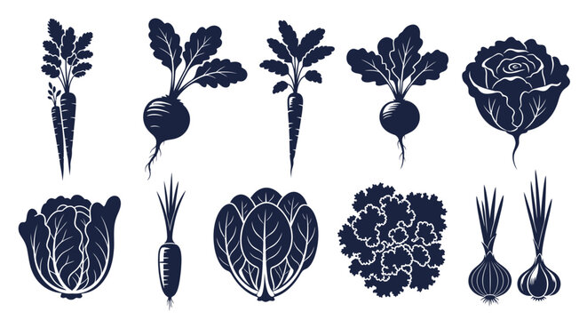 Vegetable icons set dark blue silhouettes on white background various leafy greens and root vegetables