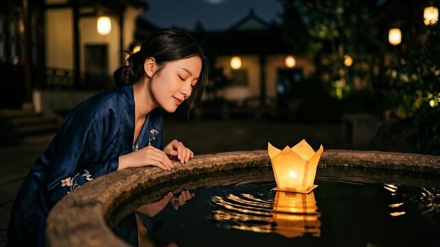 A serene Asian woman in traditional attire gazes at a floating paper lantern on tranquil water, enveloped in the quiet ambiance of a dimly lit courtyard at dusk.