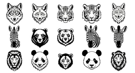 Detailed black and white animal faces illustrations set featuring wolf tiger lion bear zebra and panda heads © Asim