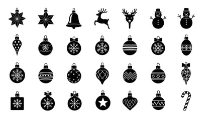 Collection of black christmas icons including ornaments snowflakes reindeer and candy canes on white background © Asim