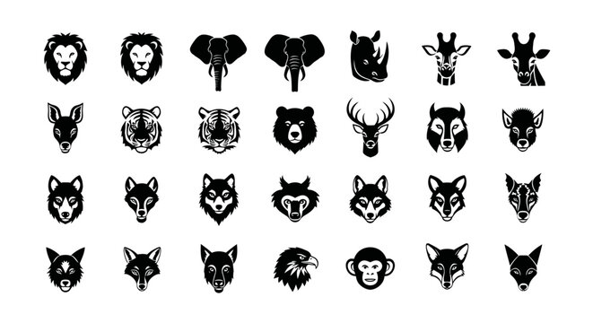 Collection of black and white animal head icons featuring various wildlife species