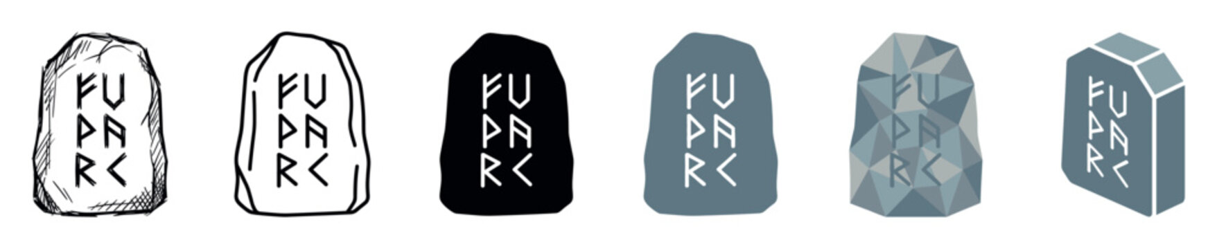 Rune stone Futhark alphabet icons in various styles including sketch, outline, solid, flat, low poly, and isometric vector illustration