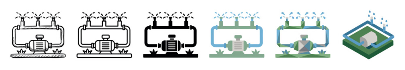 Obraz premium Irrigation pump sprinkler system icons in various styles including doodle, outline, glyph, flat, low poly, and isometric vector illustration