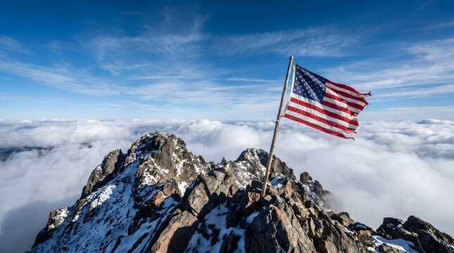 American flag on rocky mountain peak above clouds with blue sky and dramatic alpine vista.