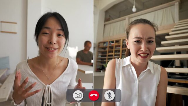 Four young people express a range of emotions while talking on a split screen call. Their faces show happiness, frustration, surprise, and confusion during the chat.