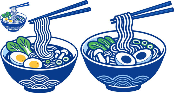Ramen noodle bowls, Asian food, noodle soup, chopsticks, blue vector icons