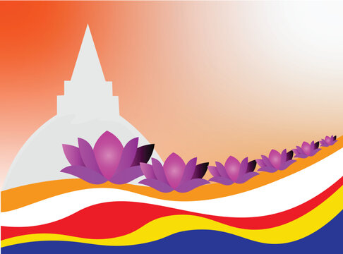 Wesak and Poson Festival Stupa and Lotus Flowers Vector Illustration