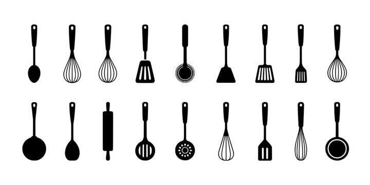 Kitchen utensils vector icons with spatula, whisk, ladle, spoon, fork and measuring tools arranged in grid