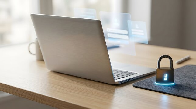 A silver laptop sits on a wooden desk with a glowing blue padlock on a mousepad in a blurred office background with a mug.