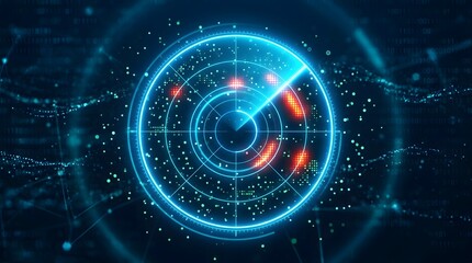 Obraz premium A futuristic circular graphic with neon blue lines and red accents glows brightly against a dark digital background with scattered nodes and connections.