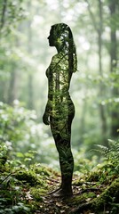 Fototapeta premium World Environment Day : The female silhouette merges with the lush, vibrant forest, creating a powerful visual of nature and humanity’s connection