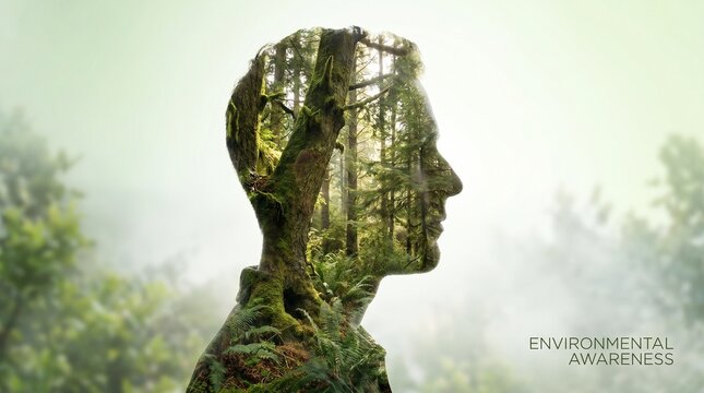 World Environment Day : A silhouette of a man's head filled with a lush forest, representing environmental awareness and nature's connection to humanity