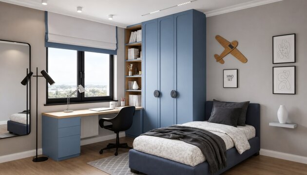 Teen bedroom with blue wardrobe desk and bed