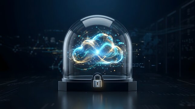 A futuristic glass dome protects a glowing blue network with a padlock on a dark background with technology inside.