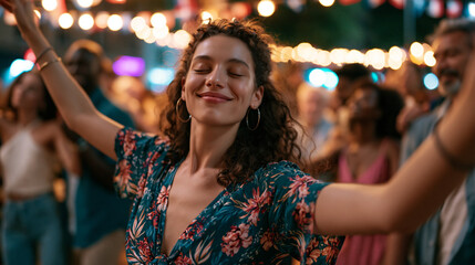 Obraz premium Photorealistic crowd dancing in France at Bastille Day with relaxed smiles, summer night lights, celebrating community and freedom