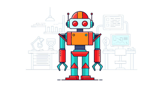 Retro robot standing in a modern office with computers and charts, flat design illustration