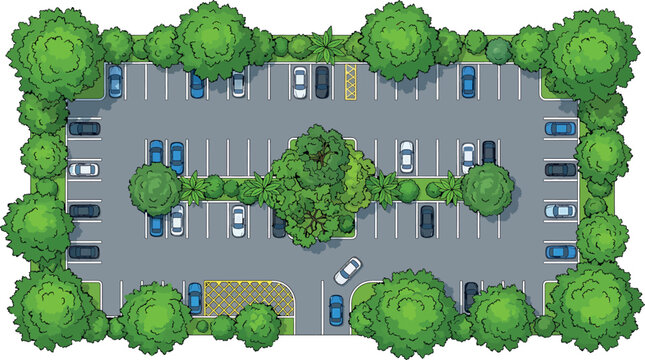 Top view of a parking lot with cars parked in designated spaces, surrounded by lush green trees and landscaping in a suburban area