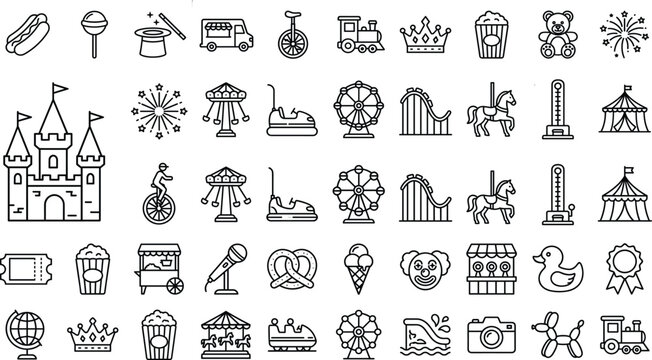 Vector set of minimalist Ferris wheel line icons and silhouettes for amusement park and carnival graphic design.eps, 
