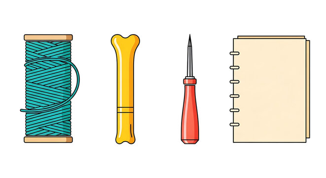 A colorful vector graphic illustration of sewing and crafting tools and supplies
