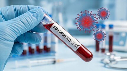 Fototapeta premium Medical professional wearing blue glove holding test tube with hantavirus test label.