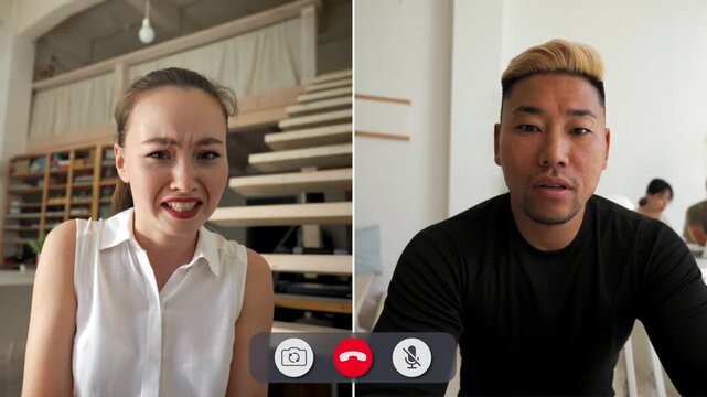 Young people show different emotions while talking on a split screen call. Each person shares feelings through expressions and gestures.
