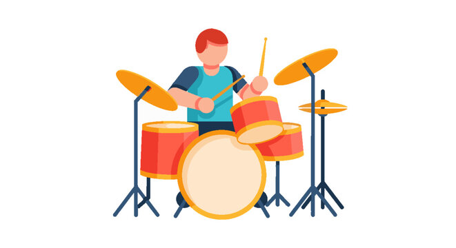 Young person playing a drum set with drumsticks, enjoying music and rhythm, isolated on white background