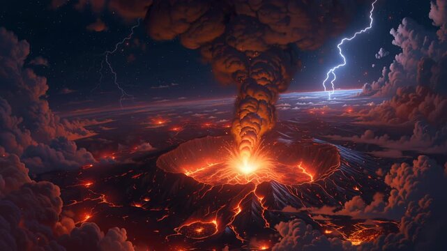 Volcanic Crater Glowing and Erupting in Dramatic Lightning Storm