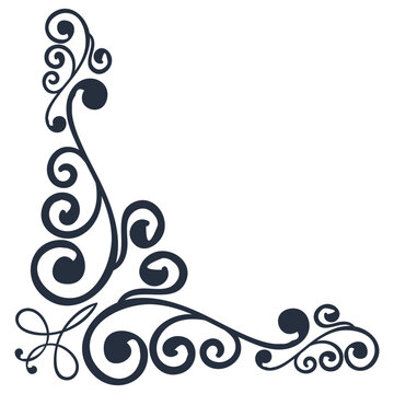 Decorative corner flourish with swirling arabesques and elegant curves, designed for embellishing invitations, certificates, and vintage stationery elements to add a touch of classic sophistication.