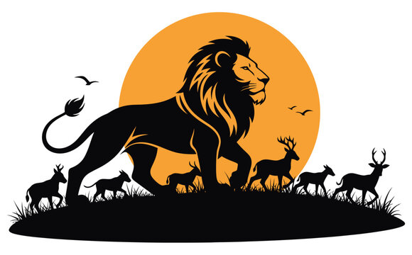 Majestic lion silhouette with savannah animals