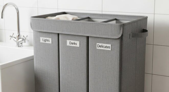 Compact grey fabric laundry hamper with three labeled sorting compartments for lights, darks, and delicates.