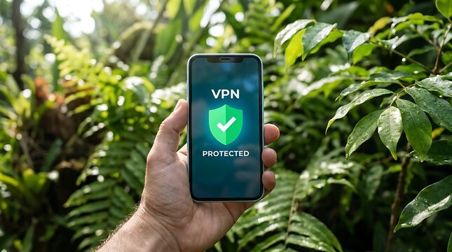 VPN protected smartphone in lush tropical jungle, secure mobile connection in nature, digital privacy and cybersecurity app on phone screen