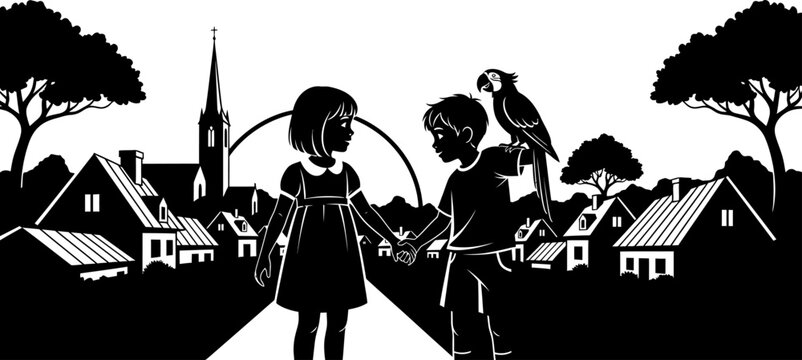 Silhouette of children shaking hands in a quaint village