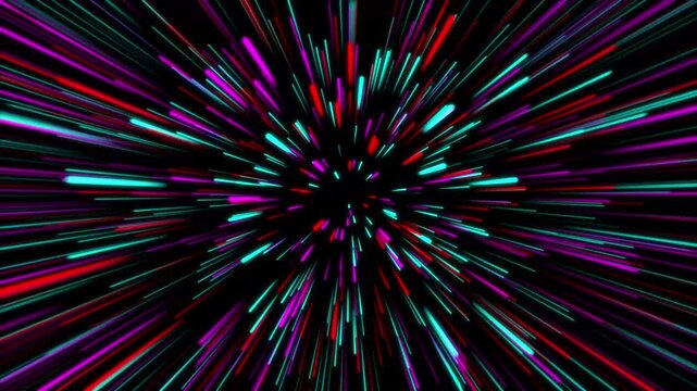 Abstract lightspeed universe tunnel, blue purple neon light trails, futuristic space travel effect, glowing warp animation background, seamless cosmic vj loop, 4k ultra hd