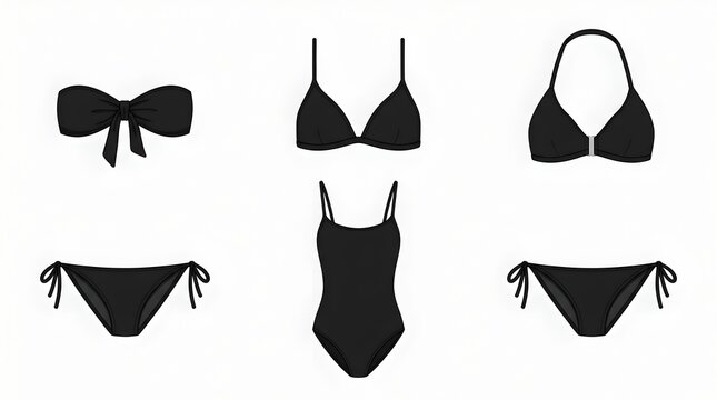 A collection of black swimsuits and bikinis on a white background
