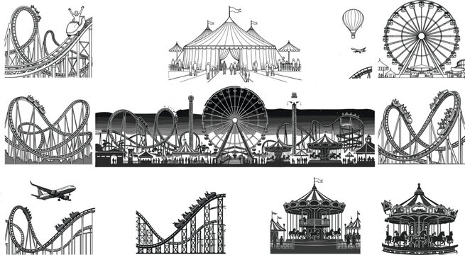 Vector set of minimalist Ferris wheel line icons and silhouettes for amusement park and carnival graphic design.eps, 