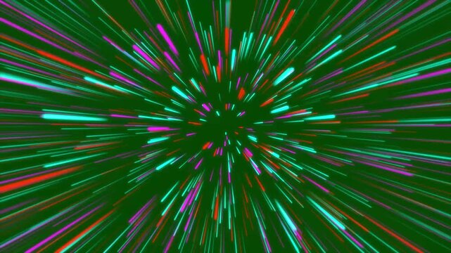Seamless hyperspace jump animation, glowing neon streaks in deep space, colorful sci fi tunnel green background, futuristic warp speed effect, cosmic stars motion loop, 4k 60fps