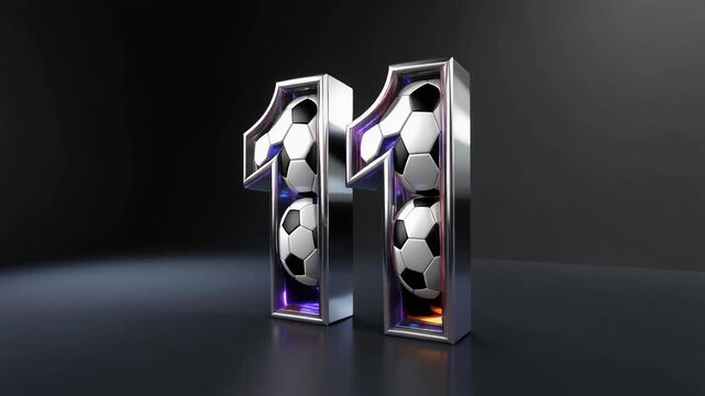 Elegant digit 11 inspired by football soccer game aesthetics, featuring premium metal shine light animation.mp4