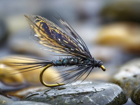 Close up of realistic nymph fly fishing lure with intricate hook and feather details resting on wet stones near a mountain stream in natural daylight