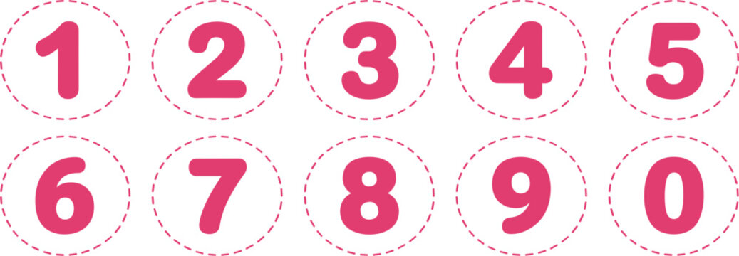 Pink Rounded Number Bullet Points Icon Vector Set with Dashed Circle Frames for Step by Step Checklists and Infant Education Designs