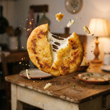Fried cheese patty with melted cheese inside floating above a rustic wooden table