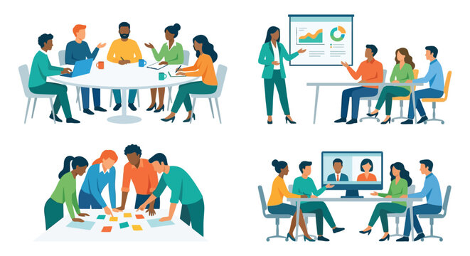 Dynamic business meeting arrangements: collaborative table discussions presentation with charts remote conference calls video conference meeting room office meeting team meeting