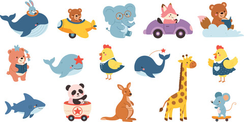 Fototapeta premium Cute cartoon animal adventure collection vector illustration featuring whales, bears, foxes, giraffes, pandas, and playful fantasy character designs