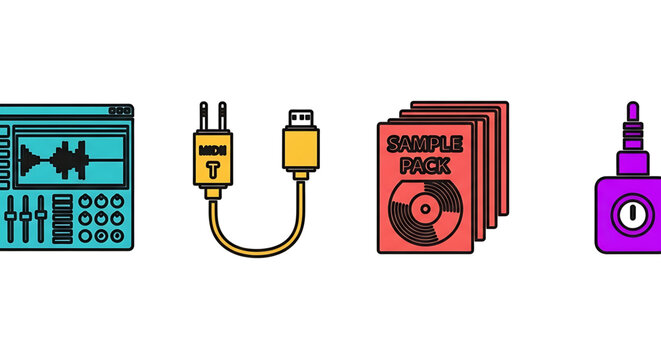 A colorful vector graphic illustration of music production equipment and accessories