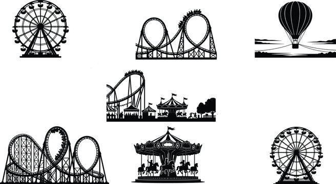 Vector set of minimalist Ferris wheel line icons and silhouettes for amusement park and carnival graphic design.eps, 