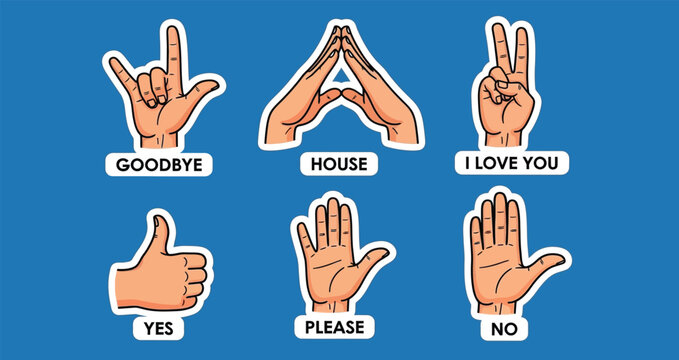 Hand gestures with labels vector illustration on blue background hands gesture sign signs symbol symbols language communication expression expressions graphic design art drawing sketch outline