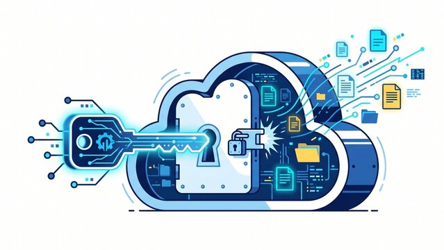 Cyber security concept with digital key unlocking secure cloud storage vector illustration.